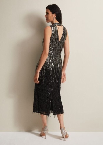 Phase Eight Clover Sequin Fringe Dress Black USA | 5430826-WH